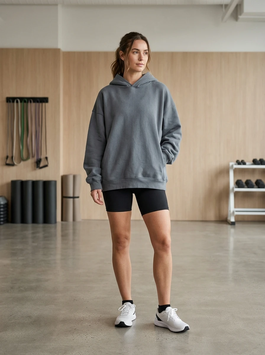 A woman in a relaxed fit gray hoodie paired with black biker shorts. She is standing in a clean, modern gym environment. The proportions are loose on top and fitted on the bottom, creating a classic athletic silhouette.