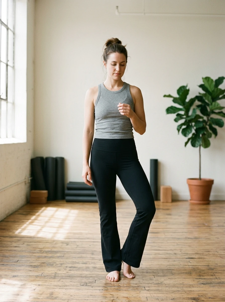 A woman wearing a fitted ribbed tank top tucked into high waist flare leggings. The fabric appears soft and breathable. She is in a yoga studio with natural light streaming through windows.