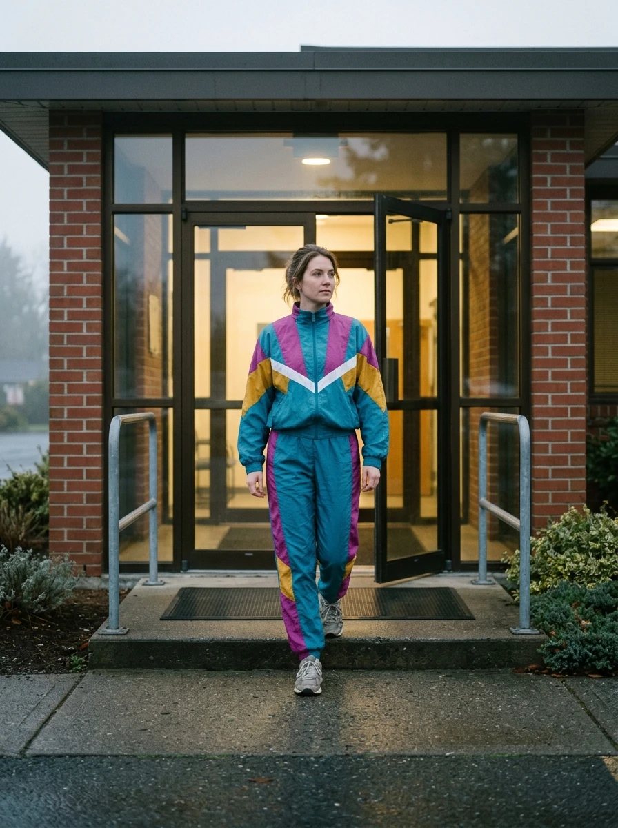 A woman wearing a windbreaker jacket and matching track pants with a retro aesthetic. She is standing near a gym entrance. The outfit has a relaxed, sporty vibe.