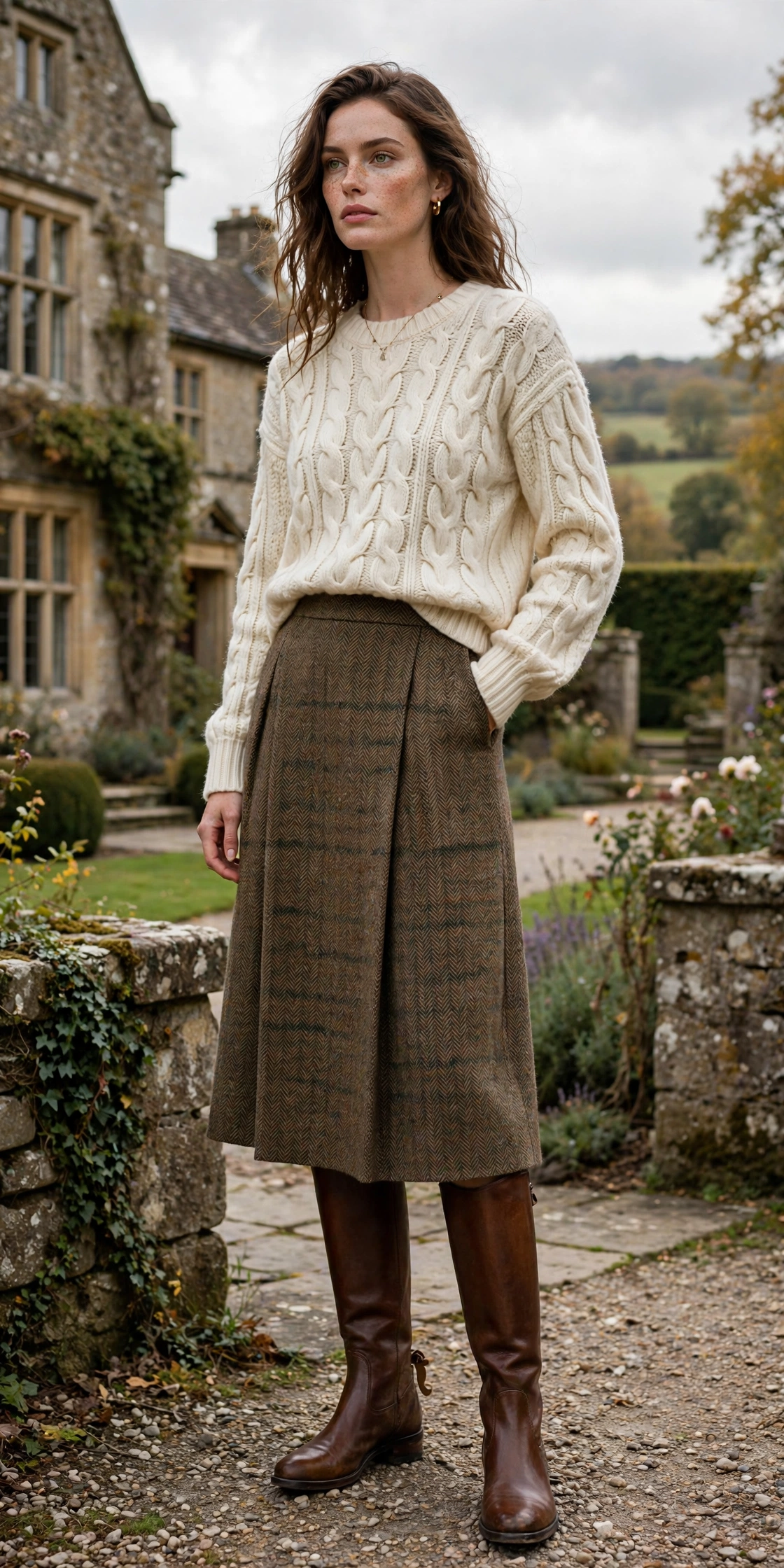 Woman in an ivory cable-knit sweater and a tan pleated skirt with dark brown knee boots