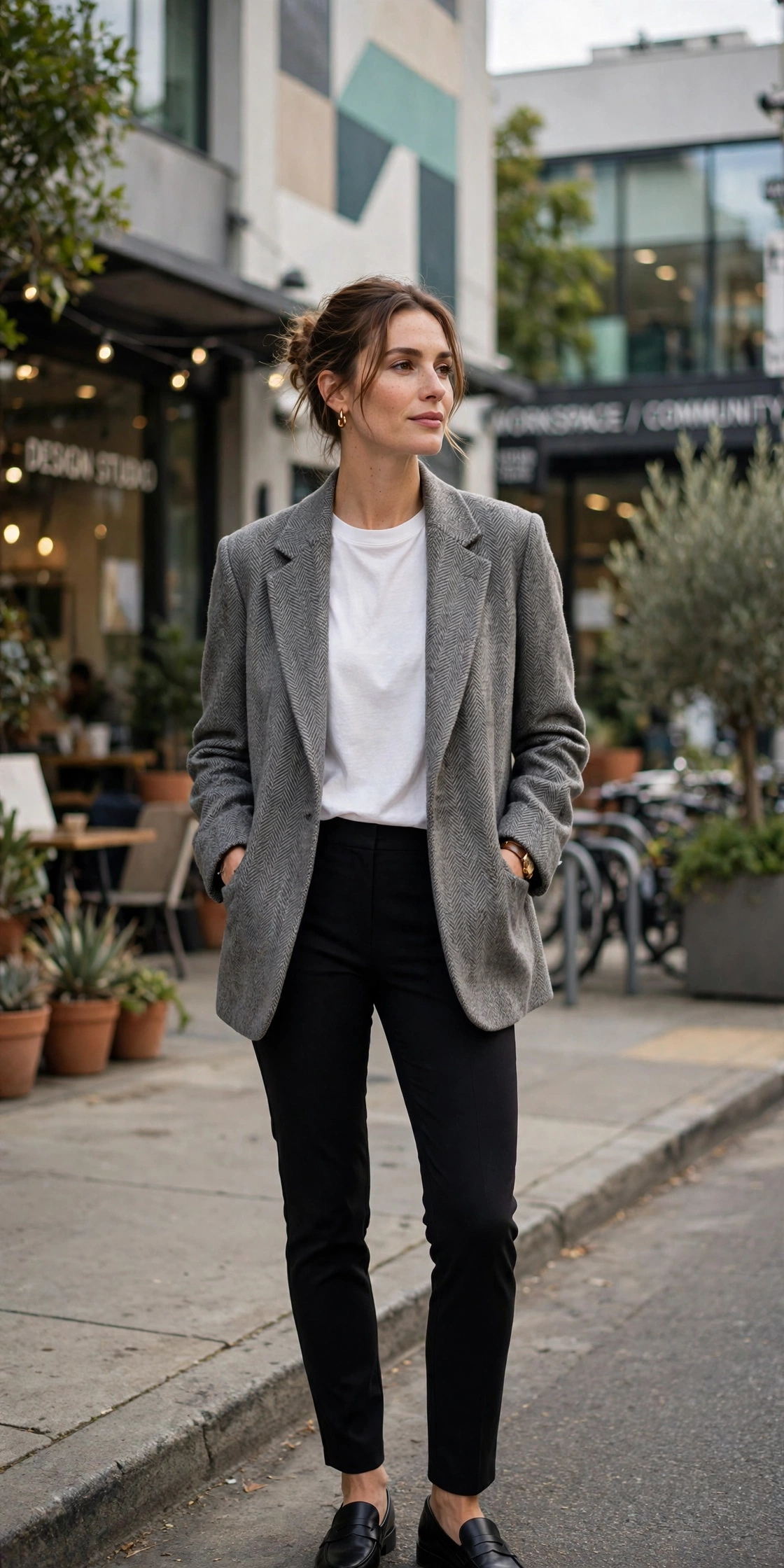 Woman in a grey flannel blazer, plain white tee and black slim trousers with black loafers