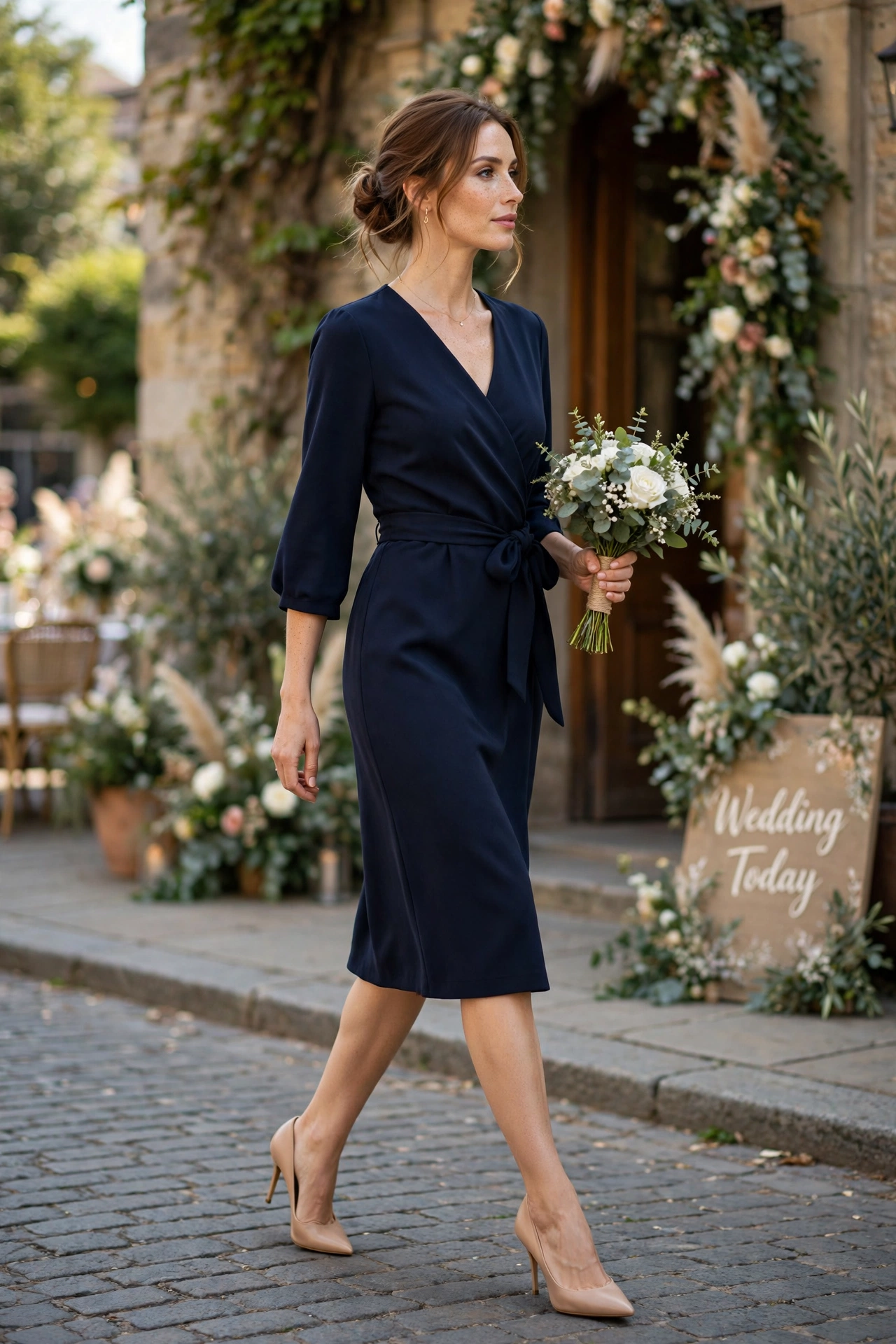 Woman in a knee-length navy matte crepe wrap dress and nude pointed pumps