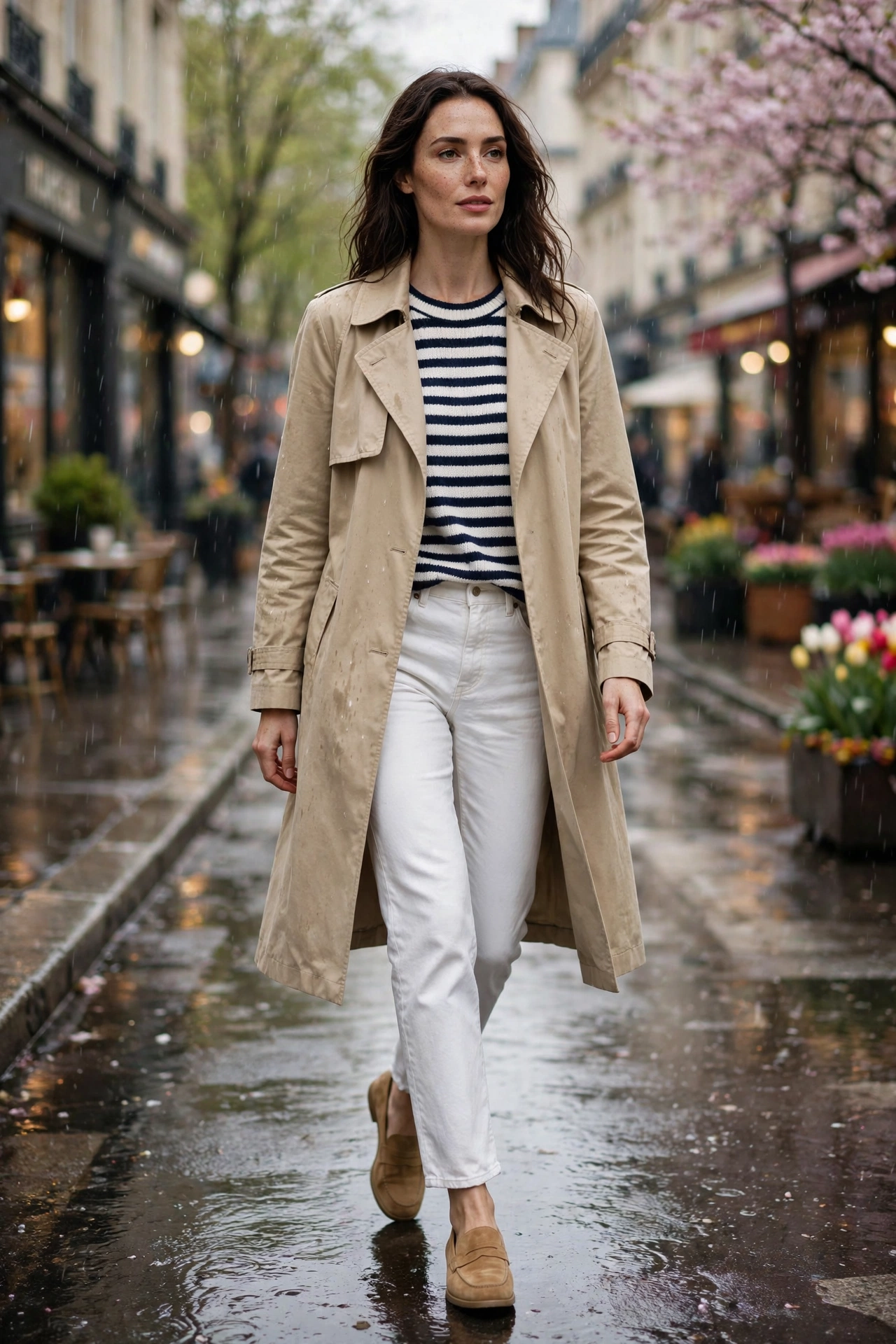 Woman in a beige gabardine trench, striped knit and white jeans with tan loafers on a rainy street