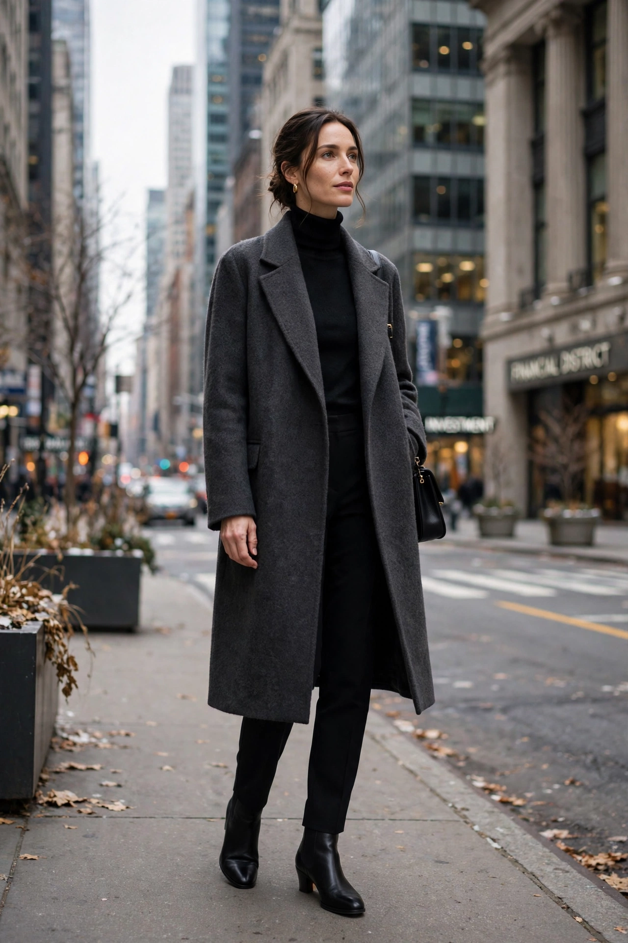 Woman in a charcoal cashmere-blend overcoat over an all-black base with low-heeled boots