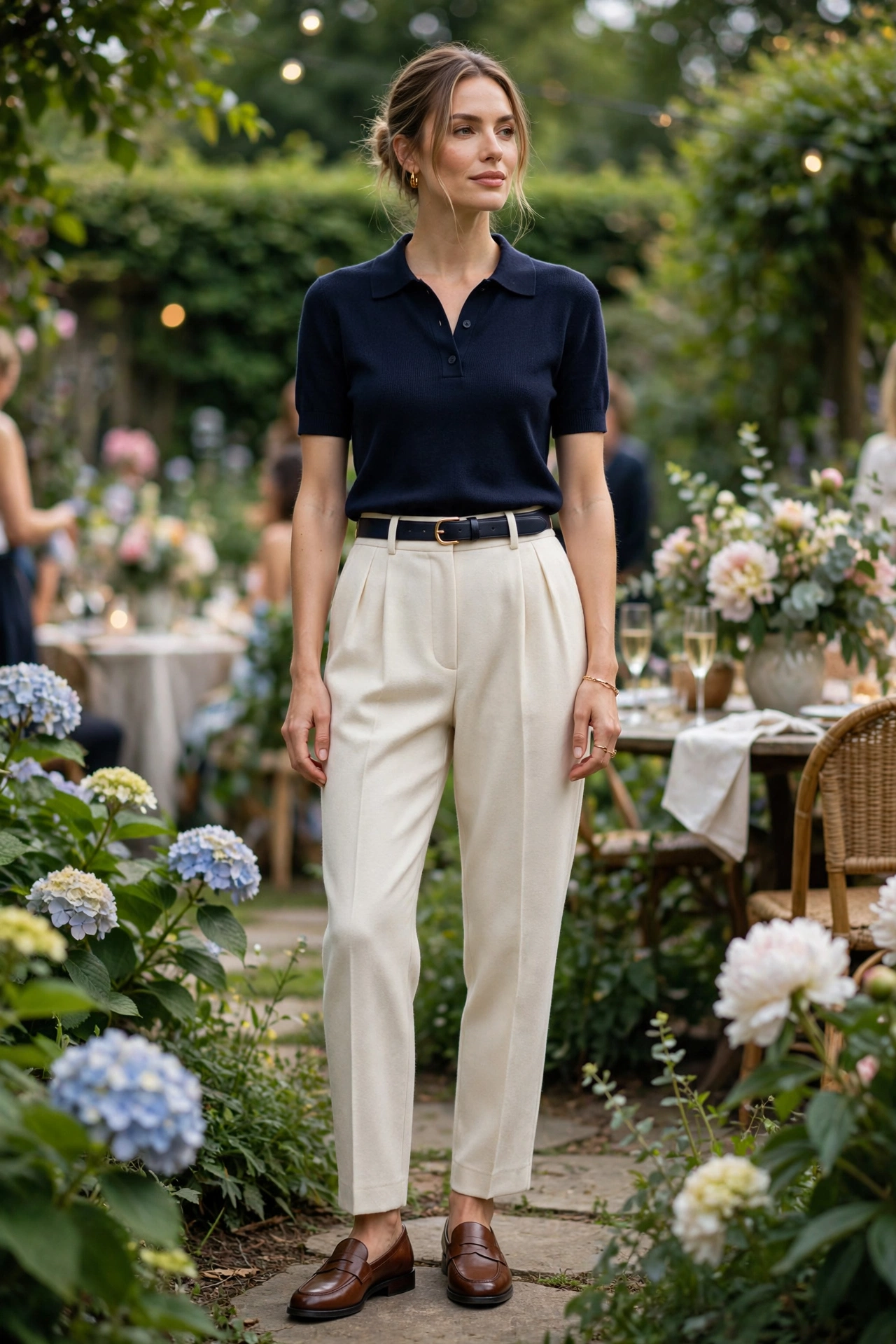Woman in a navy fine-knit polo and cream pleated trousers with a navy belt and brown loafers