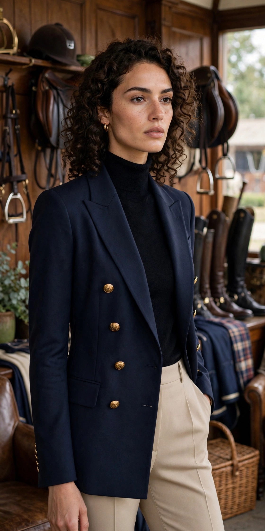 Woman in a brown tweed blazer, black merino turtleneck and dark jeans with Chelsea boots