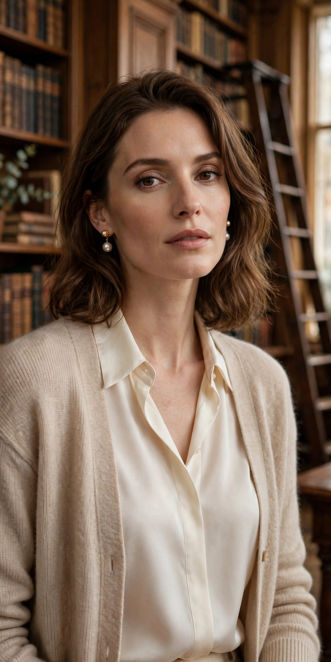 Woman in a white button-down, camel cardigan and grey pleated midi skirt with tan loafers