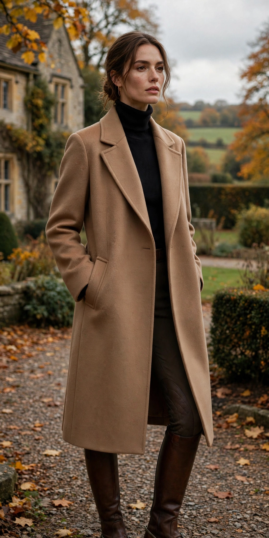 Woman in a camel wrap coat over an ivory silk blouse with dark denim and tan ankle boots