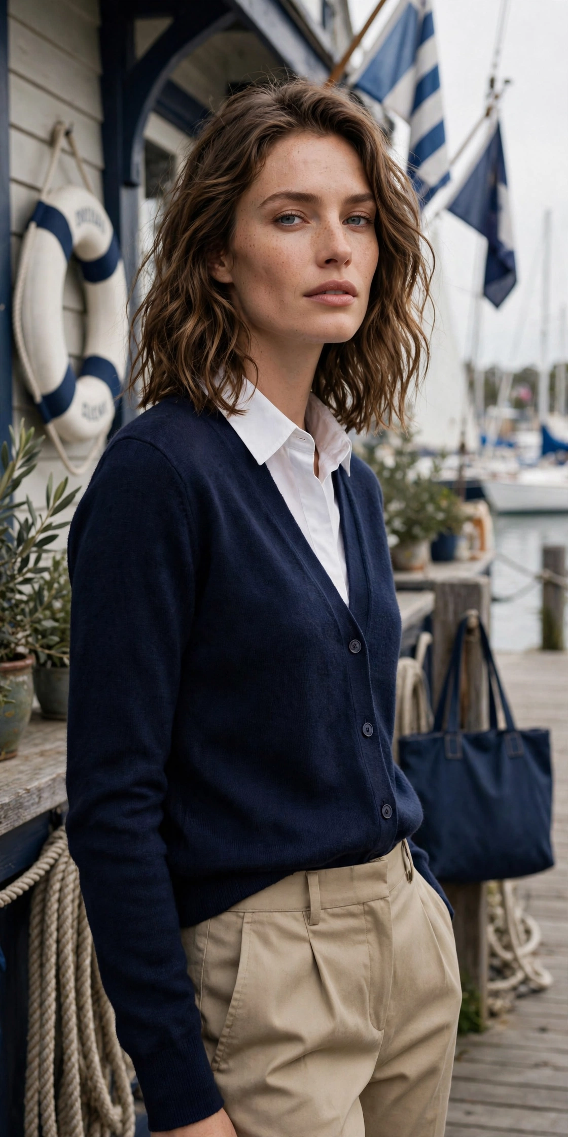 Woman in a navy-and-white Breton top and cream wide-leg trousers with tan loafers