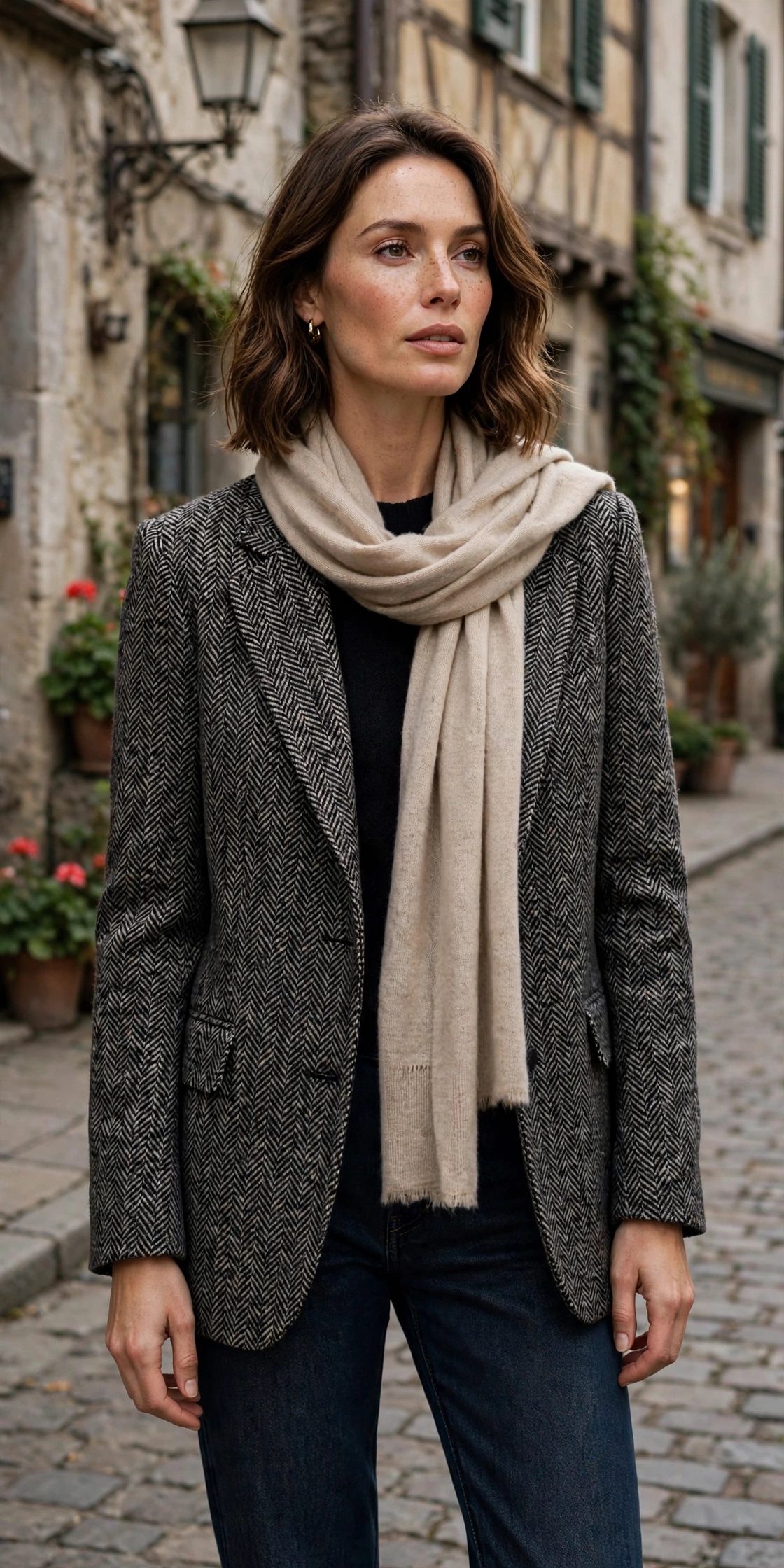 Woman in a brown herringbone blazer, black turtleneck and grey pencil skirt with black knee boots