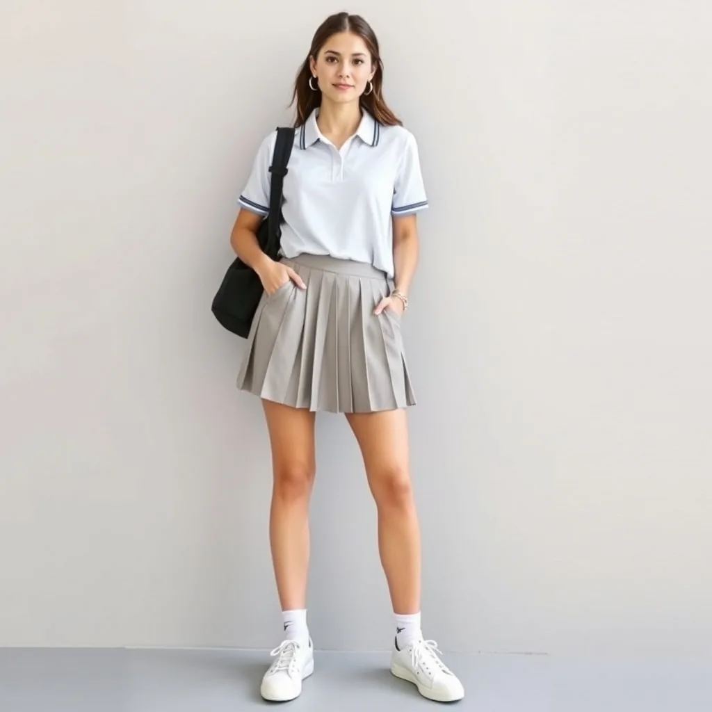 A person wearing a white pleated tennis skirt and a navy polo shirt, paired with white sneakers and crew socks, standing on a sports field, showcasing a preppy and active look.
