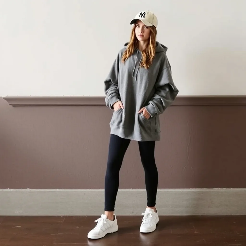 A person wearing a large grey hoodie and black leggings, paired with white sneakers and a cap, sitting on a bench, demonstrating a comfortable and practical study day outfit.