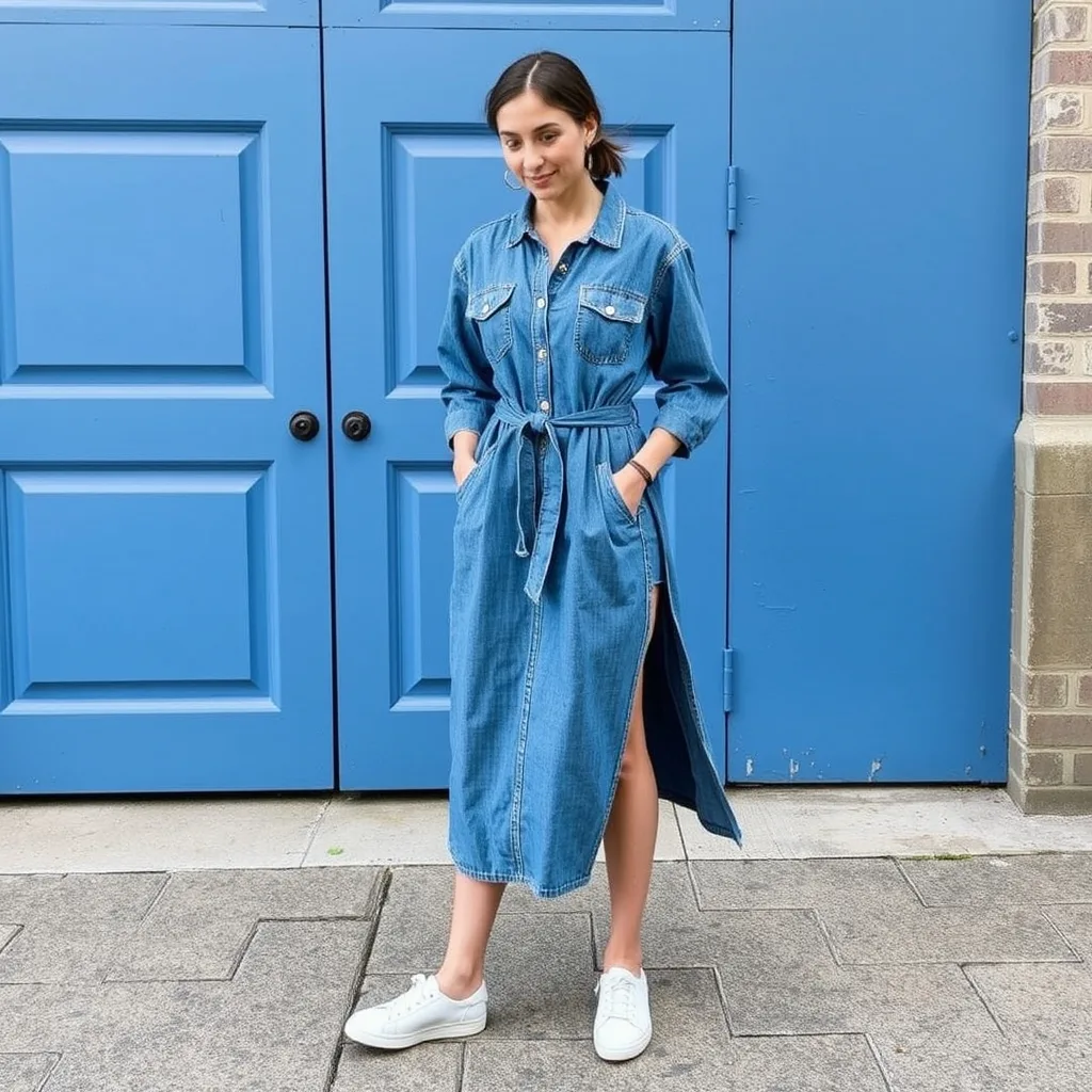 A person wearing a light wash denim midi dress with a belt, paired with leather flats, standing in a garden, showcasing a simple and durable one piece outfit.
