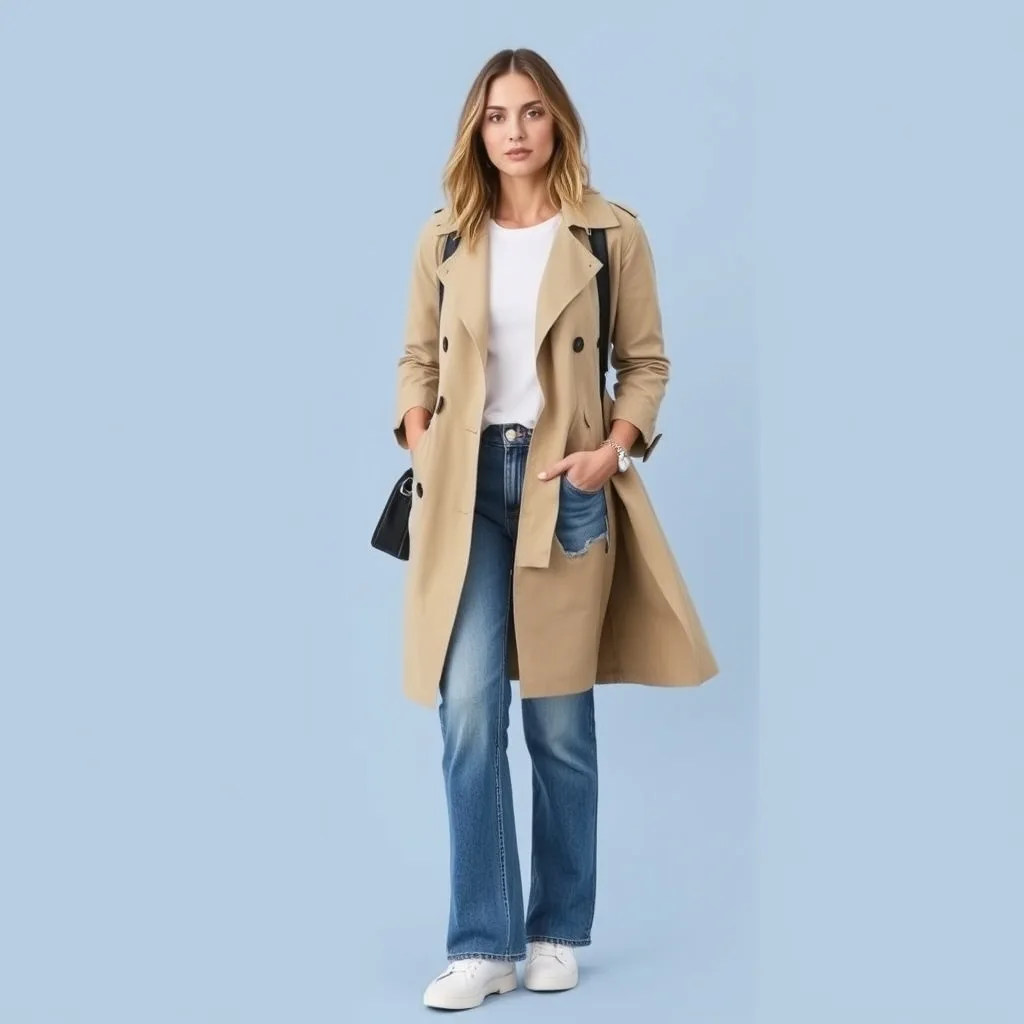 A person wearing a beige trench coat over a white t shirt and blue jeans, paired with loafers, walking on a street, emphasizing a timeless and polished academic look.