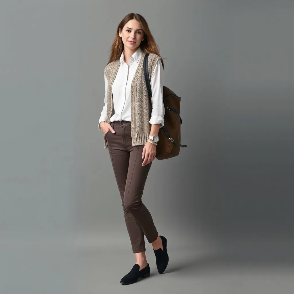 A person wearing a cream knit sweater vest over a blue button down shirt, paired with dark trousers, standing in a library, showcasing a smart and scholarly aesthetic.