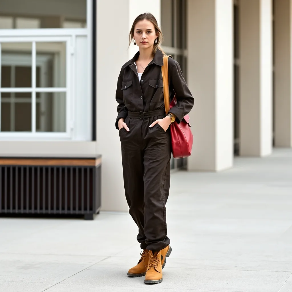 A person wearing a green cotton boiler suit, paired with leather boots, standing in an industrial building, highlighting a functional and fashionable one piece look.