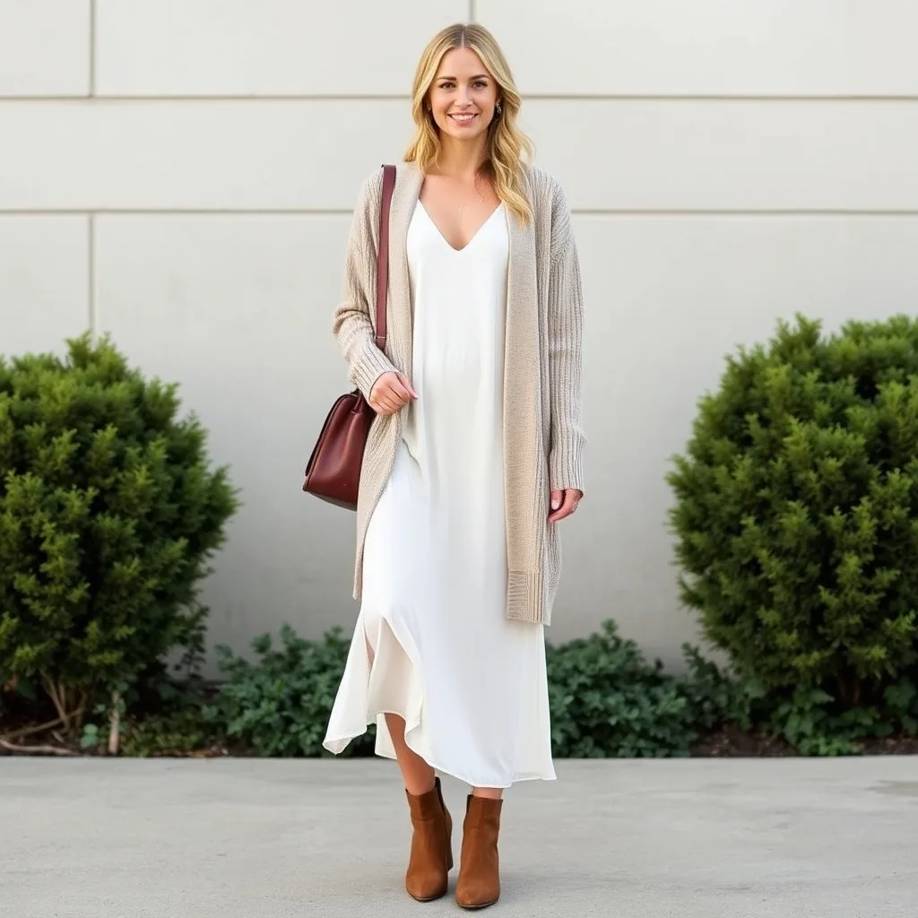 A person wearing a chunky knit cardigan over a black slip dress, paired with leather ankle boots, standing in a courtyard, showcasing a cozy and feminine academic style.