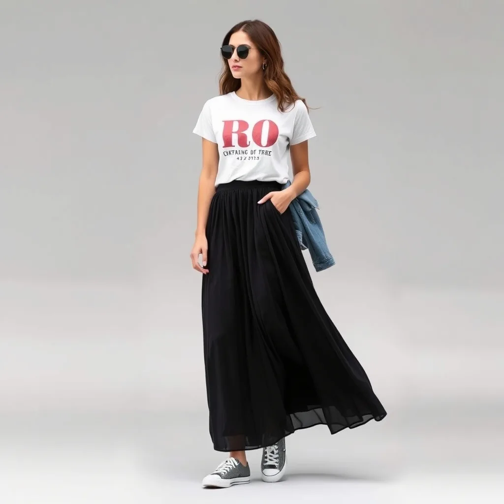 A person wearing a faded graphic tee tucked into a floor length floral skirt, paired with clean white canvas sneakers, standing in a quiet library hallway, highlighting a comfortable and stylish academic look.