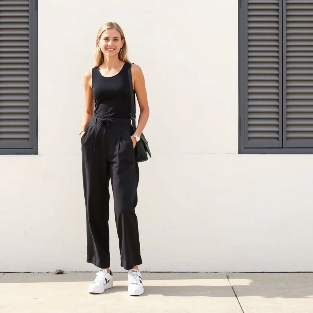 A person wearing loose fitting beige trousers and a tight black tank top, paired with platform sneakers, walking through a paved courtyard, demonstrating a balanced and comfortable silhouette.