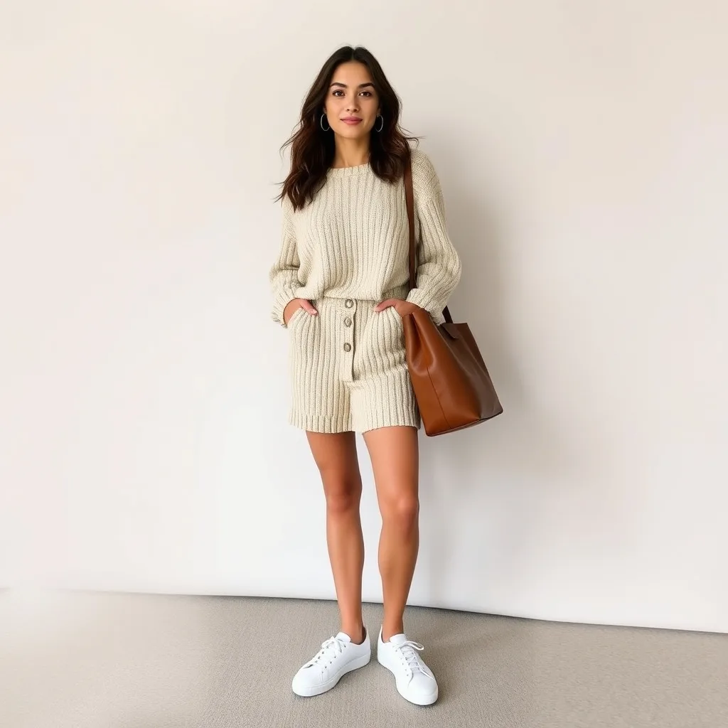 A person wearing a matching cream colored knit set consisting of a sweater and shorts, paired with white leather trainers, standing against a textured brick wall, showcasing a cohesive and simple look.