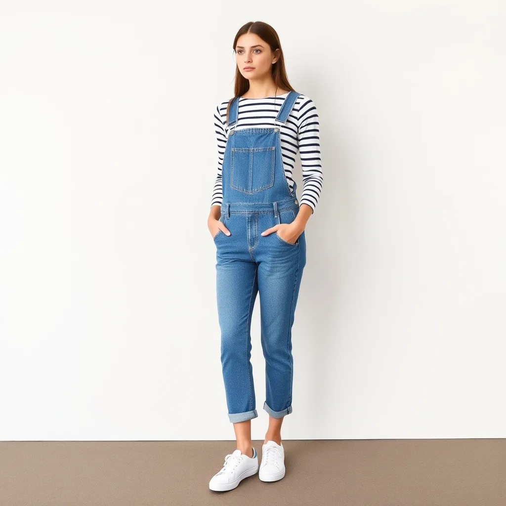 A person wearing classic blue denim overalls over a striped long sleeve shirt, paired with brown leather clogs, standing in a lush garden setting, emphasizing a practical and classic student aesthetic.