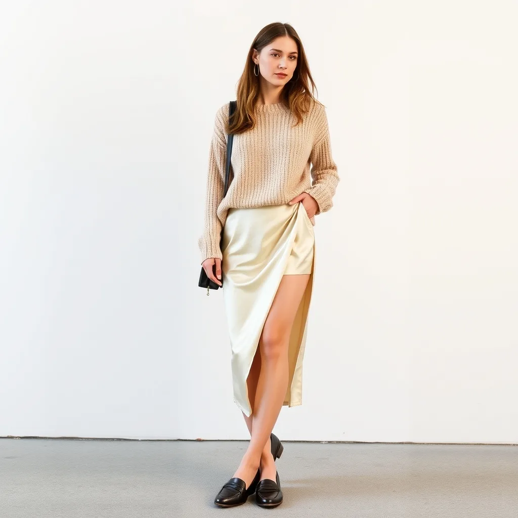 A person wearing a champagne colored slip skirt paired with a chunky grey sweater and leather loafers, standing in a library, highlighting a sophisticated mix of textures.