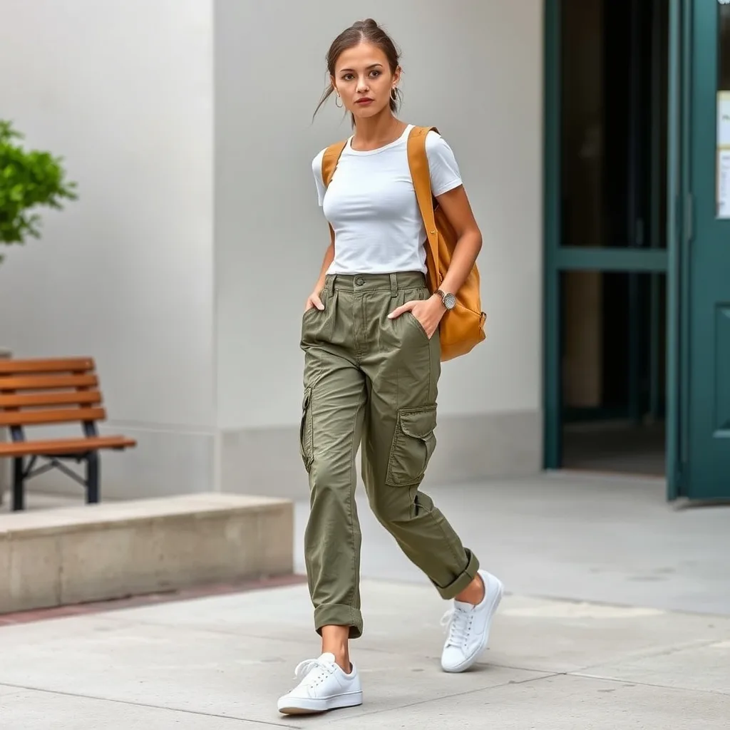 A person wearing olive green cargo pants paired with a tight white baby tee and retro sneakers, standing on a sunny campus path, demonstrating a functional and trendy look.