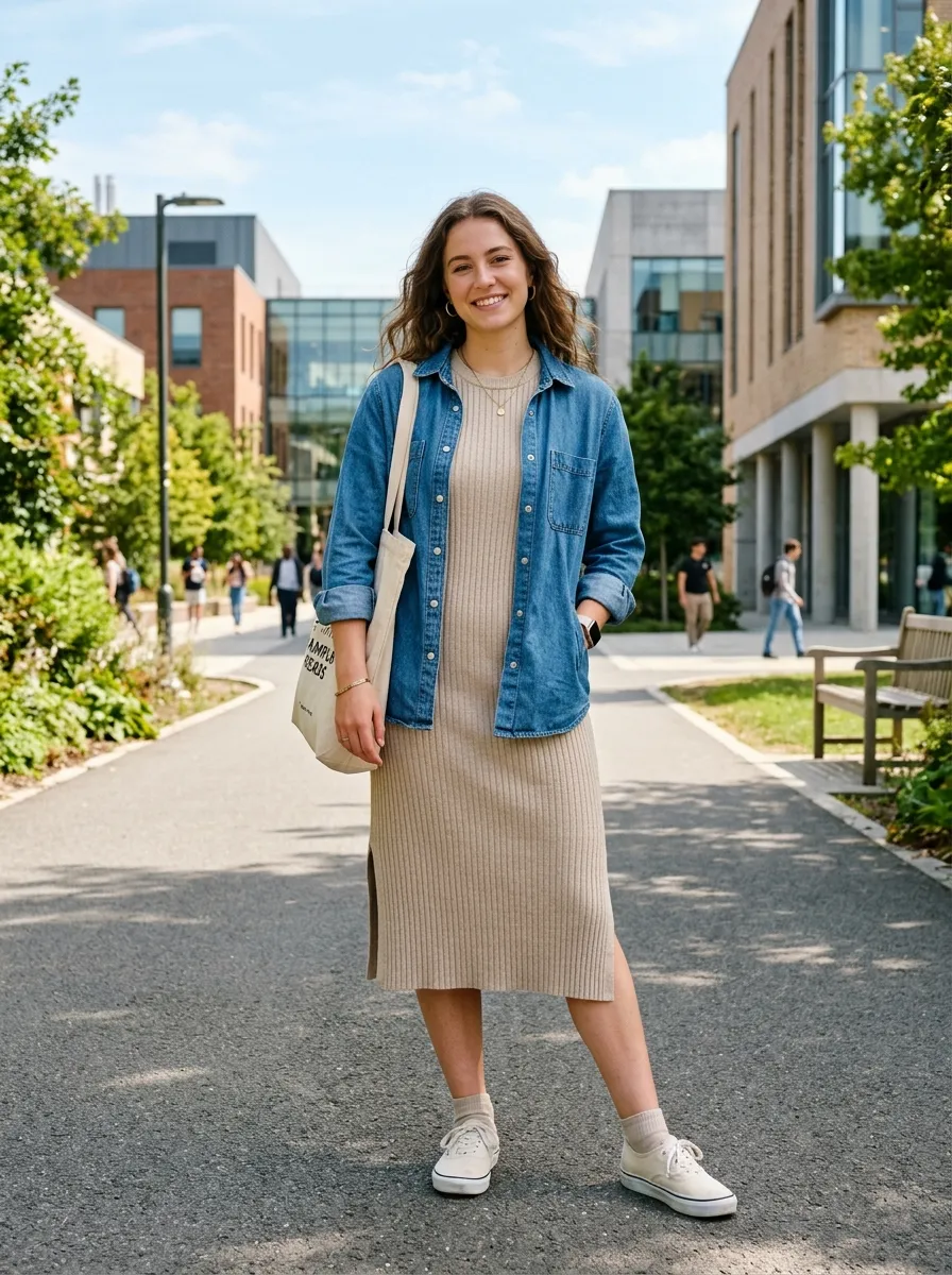 Ribbed Midi Dress and Denim Shirt