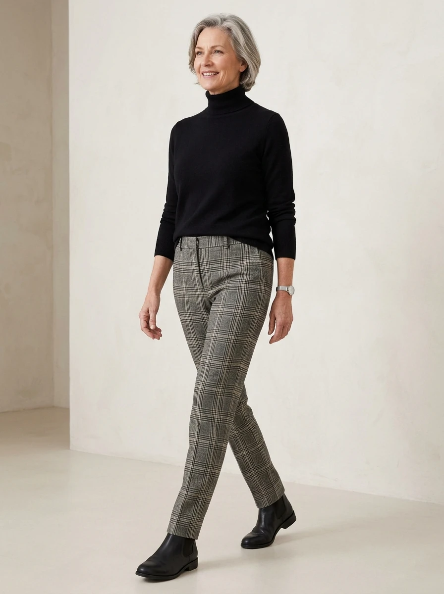 A woman over 60 wears tailored plaid trousers paired with a black turtleneck, creating a smart and visually interesting look that remains polished and refined.