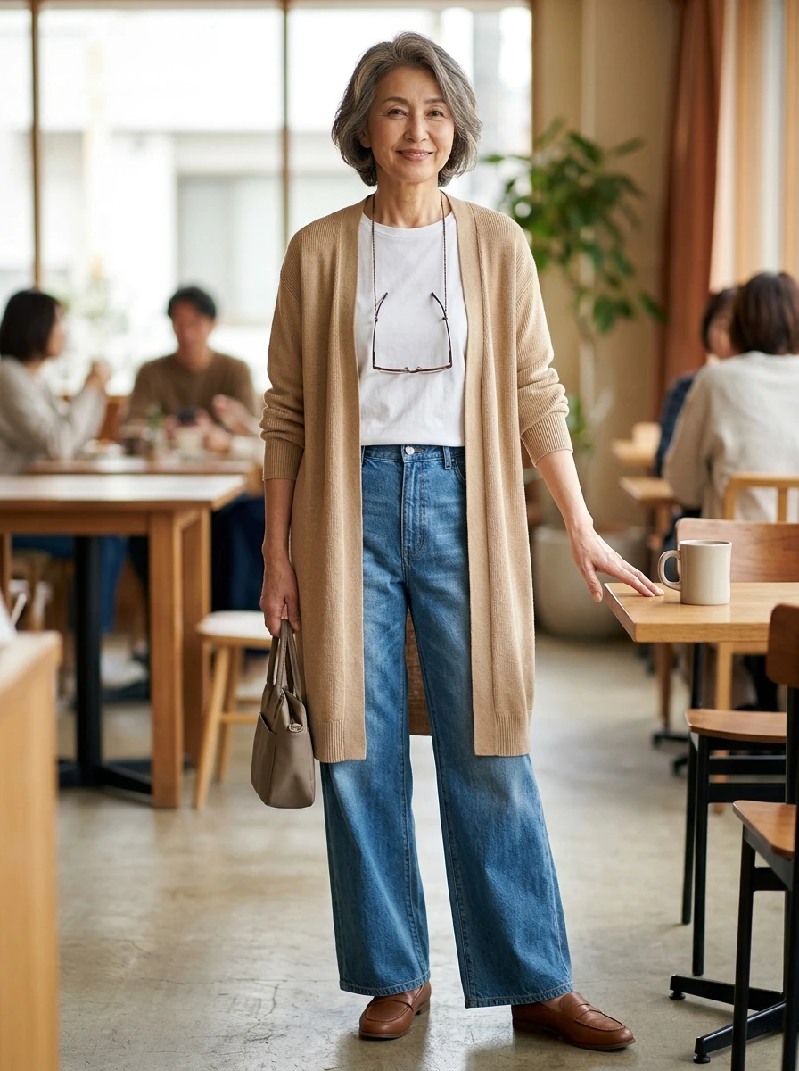 A woman over 60 is dressed in a long, open front cardigan paired with wide leg jeans, offering a relaxed and comfortable outfit suitable for casual weekend outings.