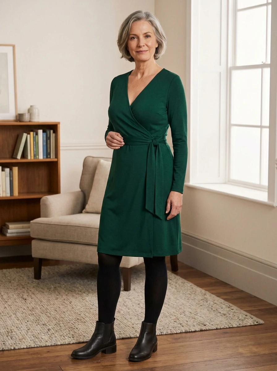 A woman over 60 wears a deep jewel tone wrap dress paired with opaque tights, providing a graceful and flattering silhouette that works strongly for winter events.