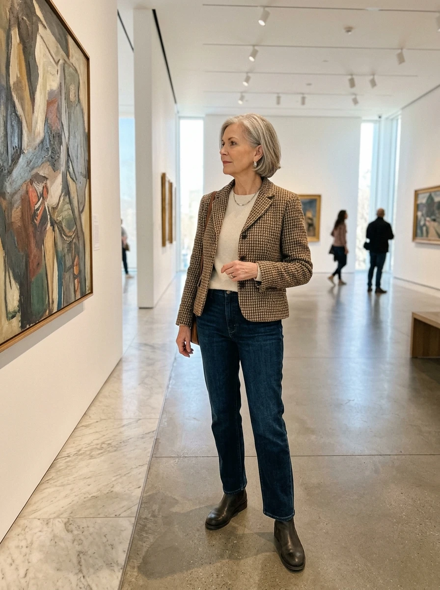A woman over 60 wears a classic tweed jacket paired with dark wash jeans, blending formal and casual styles for a sophisticated and versatile winter look.