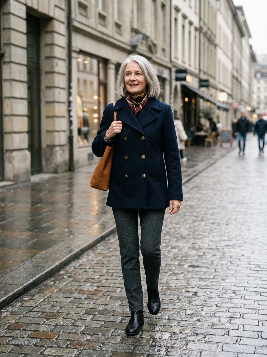 A woman over 60 is styled in a classic peacoat and slim wool pants, offering a sharp and timeless look that is both practical and stylish for winter.