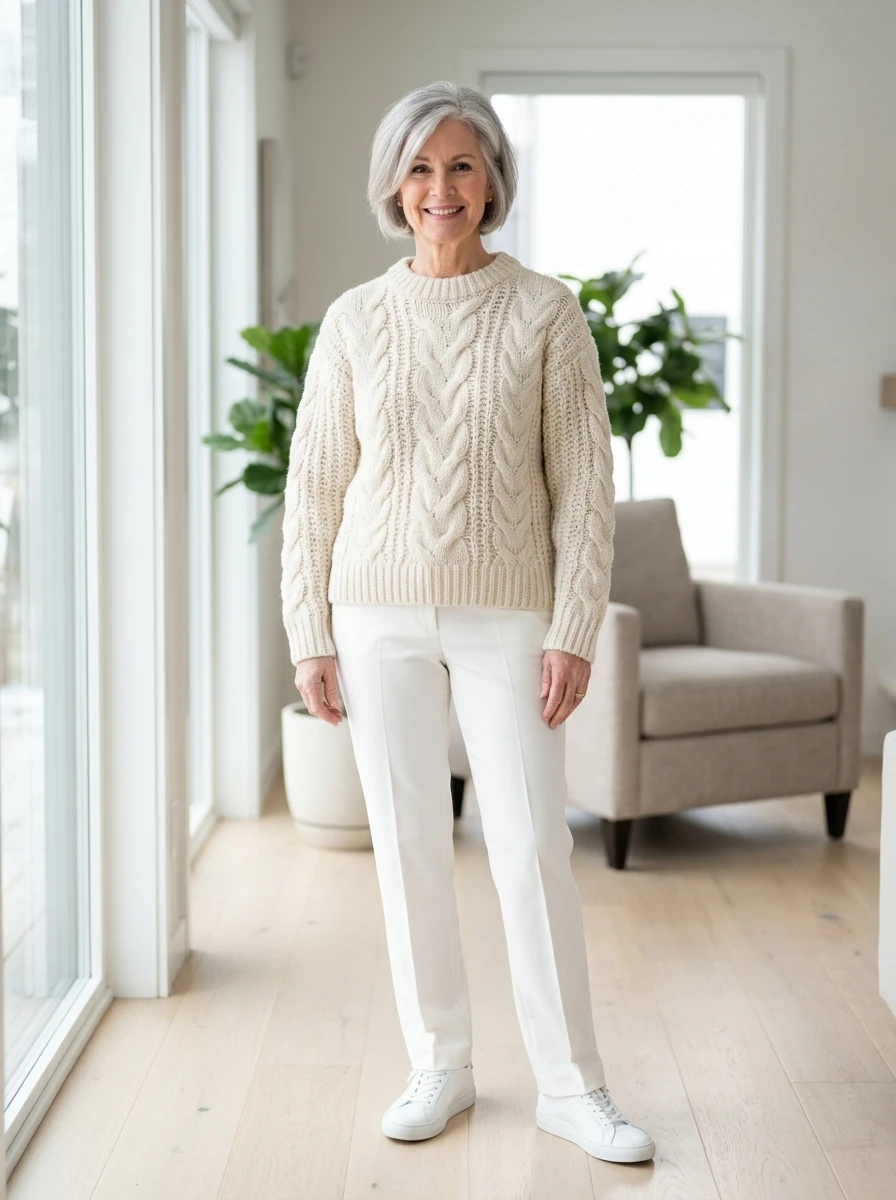 A woman over 60 wears a chunky cream sweater with white trousers, creating a bright and sophisticated winter white look that stands out during the colder months.