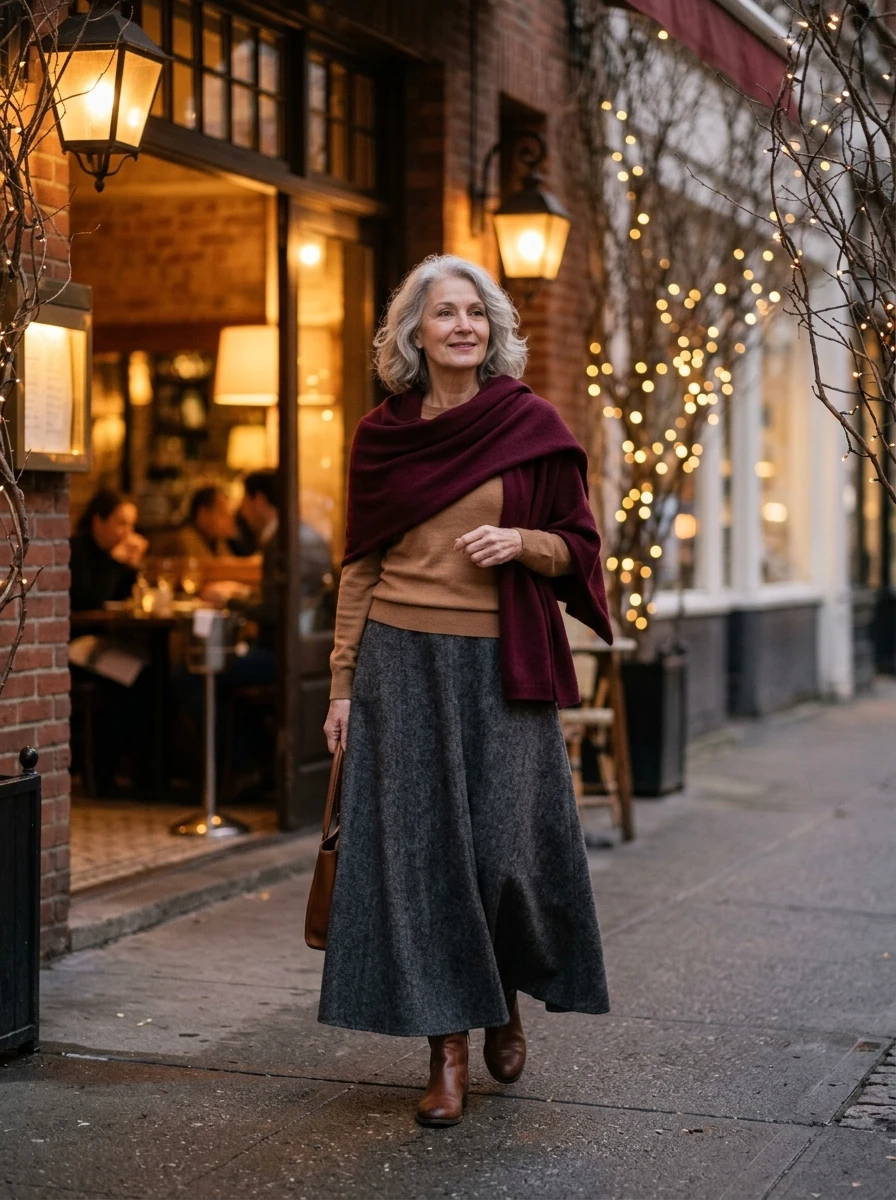A woman over 60 wears a wool maxi skirt and a fitted pullover, providing a feminine and warm silhouette that is comfortable for evening winter events.