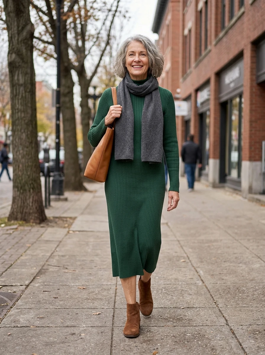 A woman over 60 wears a midi knit dress paired with suede boots, creating a comfortable and stylish look that is strong for everyday winter wear.