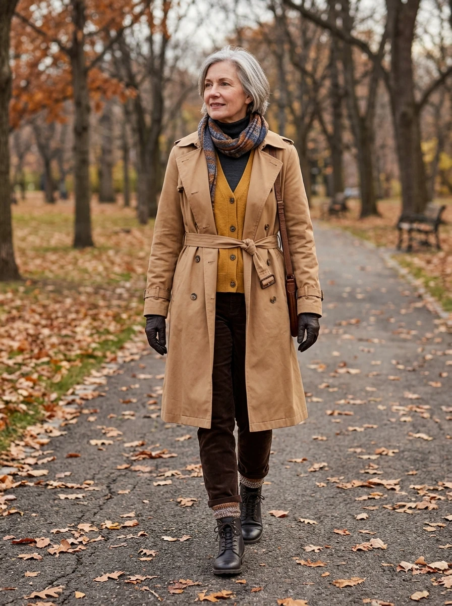 A woman over 60 wears a belted trench coat over layered knits, demonstrating how to maintain a defined silhouette while staying warm with multiple layers.