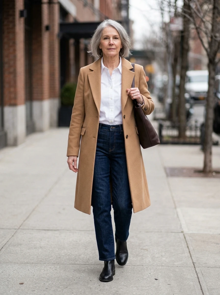 An elegant woman over 60 wears a structured camel wool coat layered over a crisp white shirt and dark straight leg denim jeans, creating a timeless and polished cold weather look.