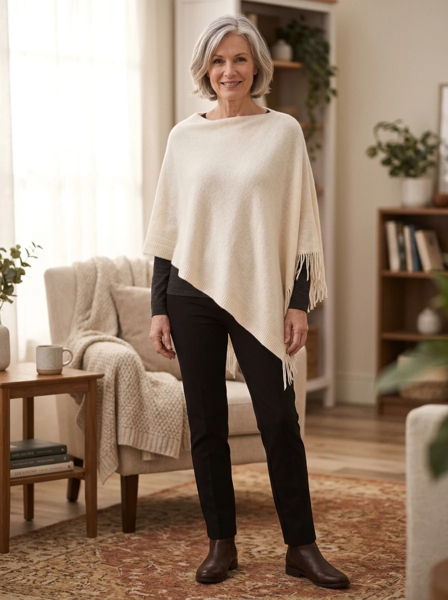 A woman over 60 is styled in a soft cream cashmere poncho paired with slim fitting trousers, offering a comfortable and luxurious silhouette for winter days.