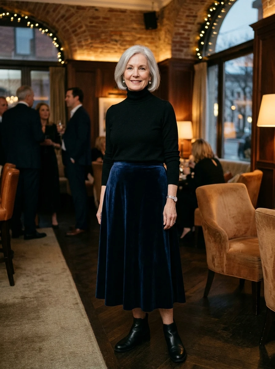 A woman over 60 wears a deep navy velvet midi skirt paired with a fitted black turtleneck, showcasing a refined and tactile outfit for special winter occasions.