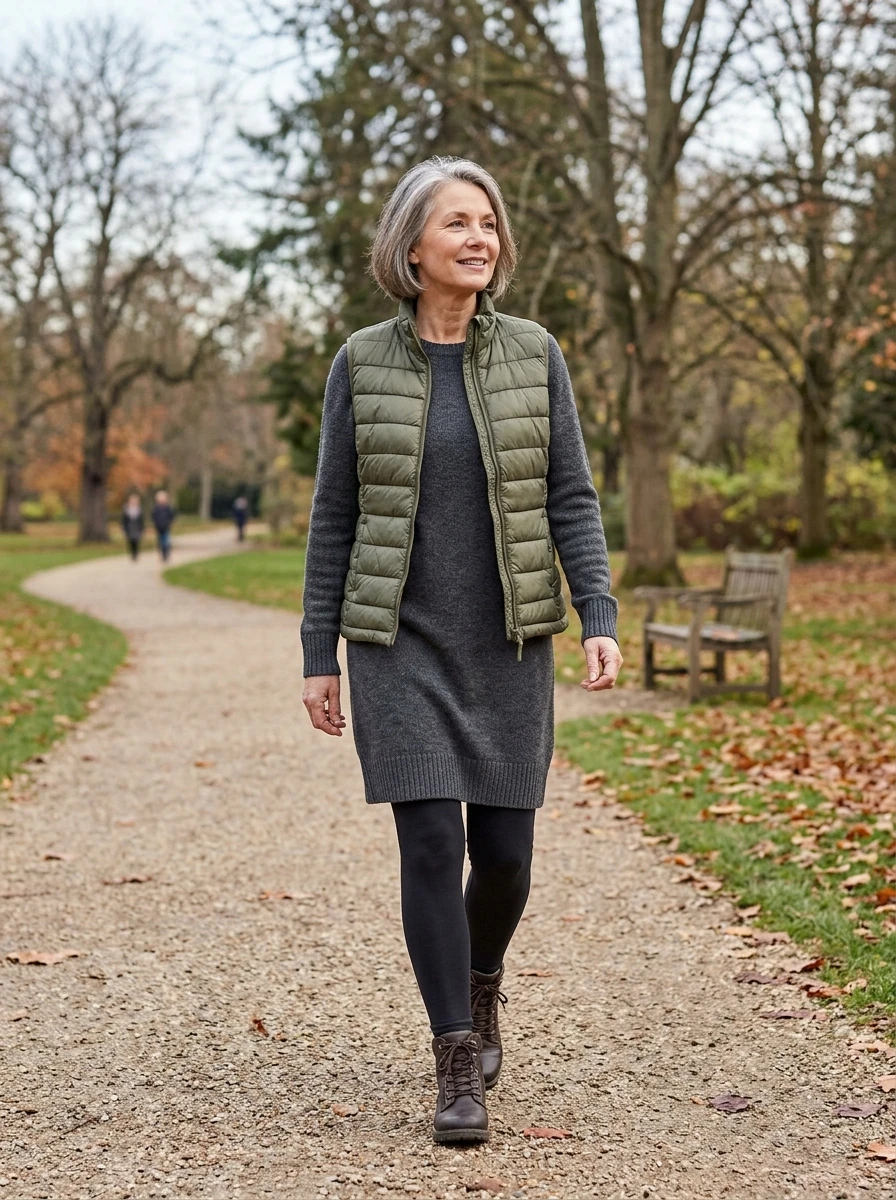 A woman over 60 is dressed in a functional quilted puffer vest layered over a comfortable long sleeve knit dress, suitable for casual outdoor winter activities.