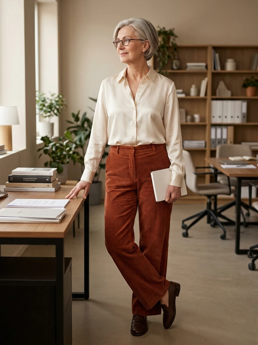 A woman over 60 wears rust colored corduroy trousers with a cream silk blouse, creating a sophisticated contrast between the heavy texture of the pants and the light blouse.