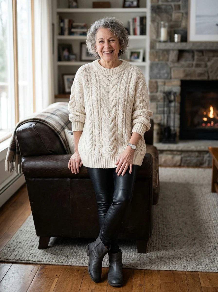 A woman over 60 wears a chunky cable knit sweater paired with black leather leggings, balancing cozy volume with a sleek bottom for a modern winter look.
