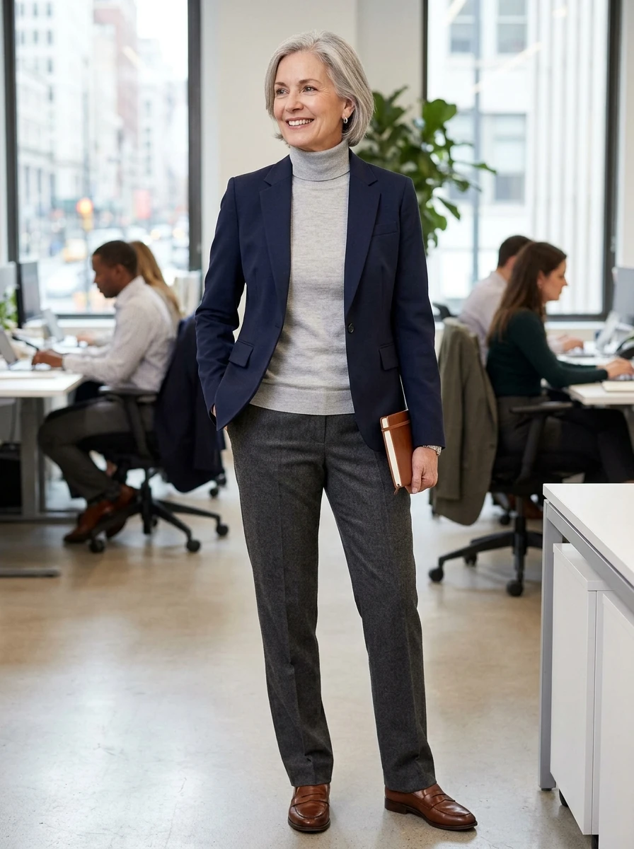 A woman over 60 is styled in a classic navy blazer over a light gray turtleneck and tailored wool trousers, providing a sharp and professional winter aesthetic.