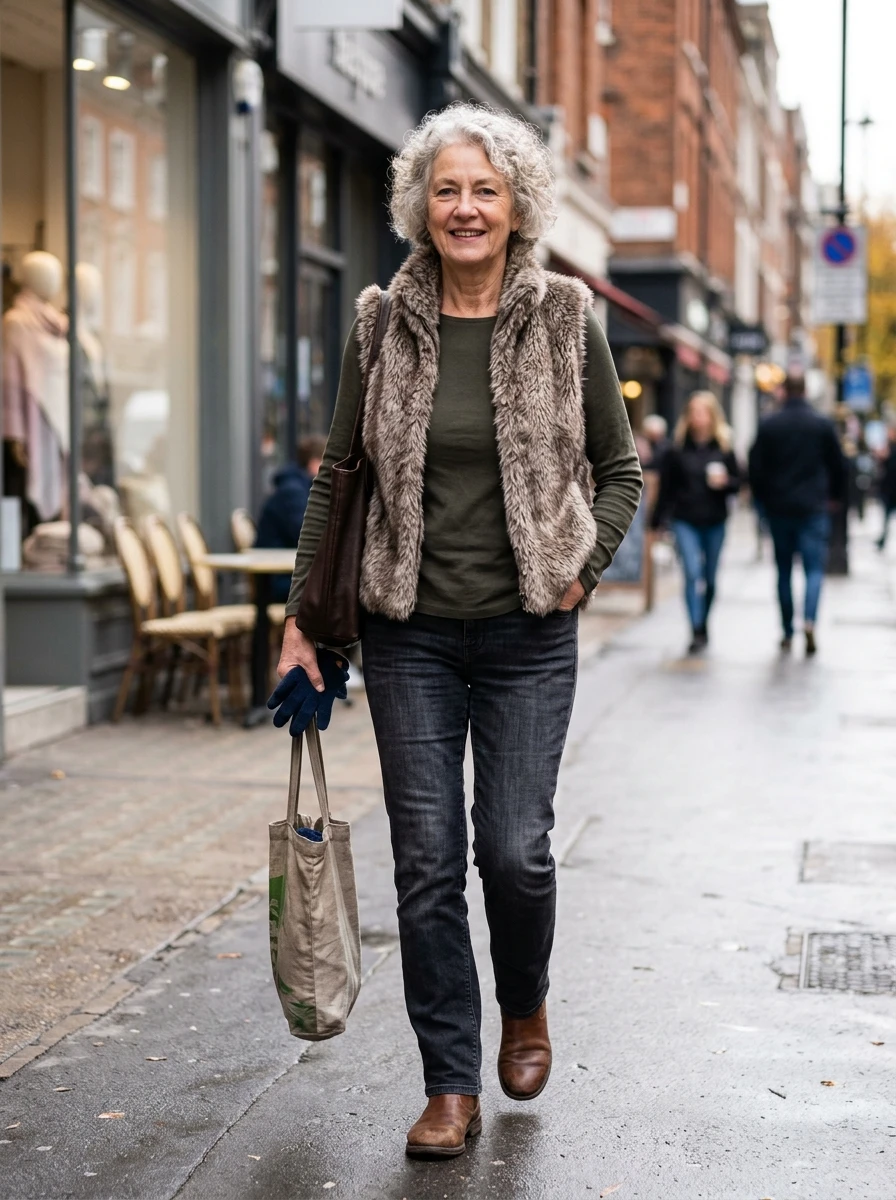 A woman over 60 wears a stylish faux fur gilet over a long sleeve tee, offering a practical and fashionable layering solution for everyday winter errands.