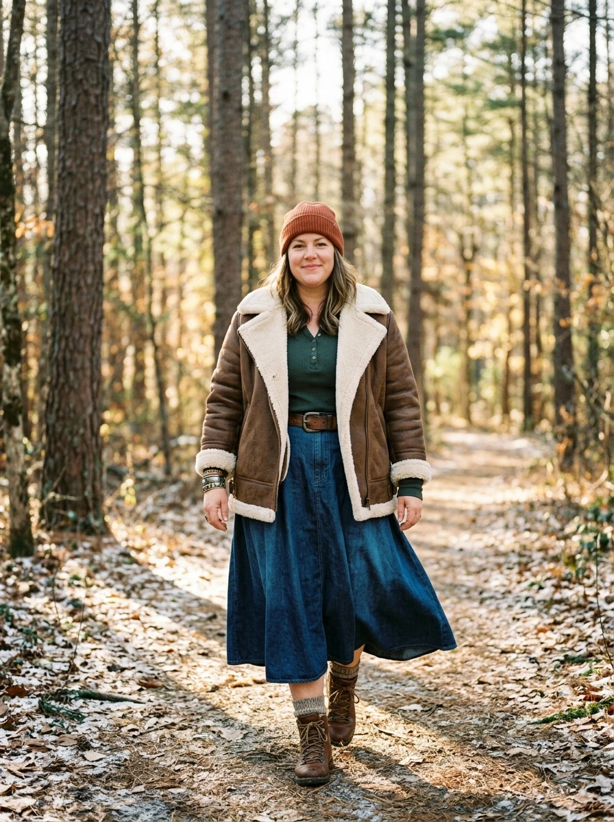 A plus size model wears a shearling jacket and midi skirt, showing a balanced and textured look that works well for outdoor winter walks.