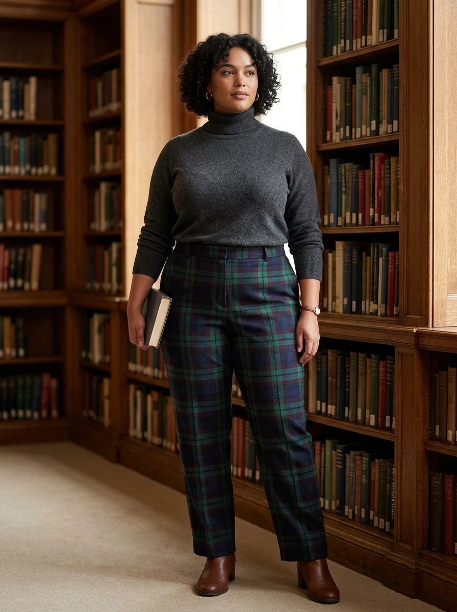 A plus size model wears a solid turtleneck and plaid trousers, creating a smart and professional winter outfit that is both warm and stylish.