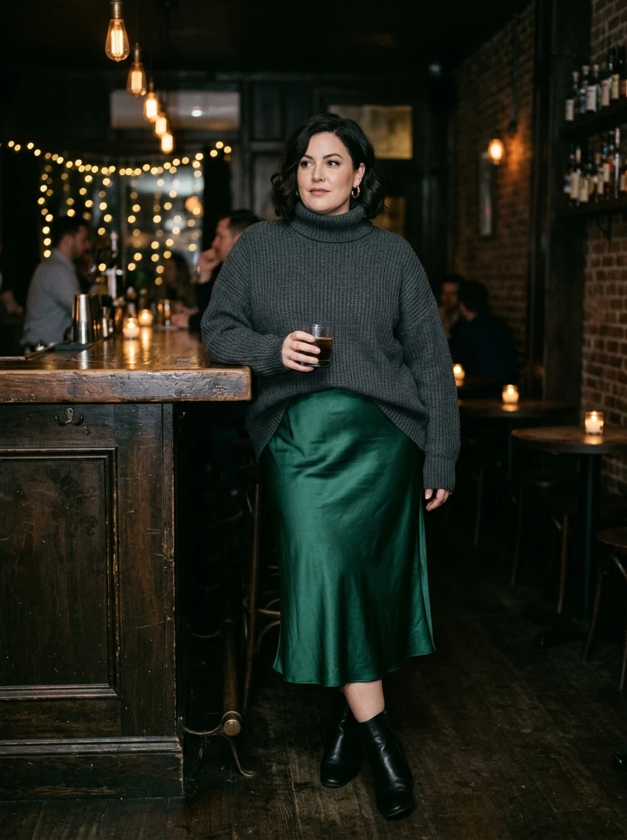 A plus size model wears a satin slip skirt and an oversized sweater, showcasing a stylish mix of textures for a sophisticated winter night out.
