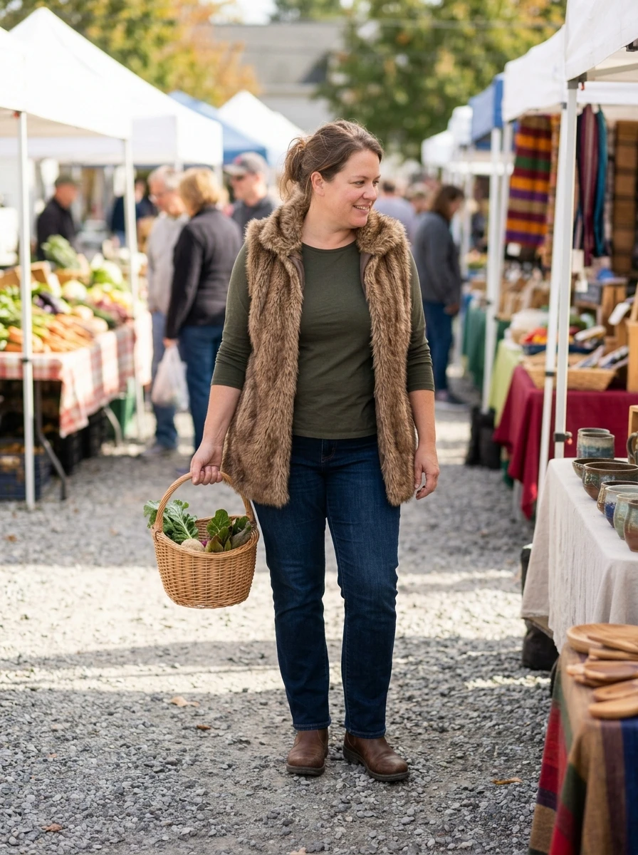 A plus size model wears a faux fur vest over a long sleeve tee, providing a warm and functional outfit for active winter days.