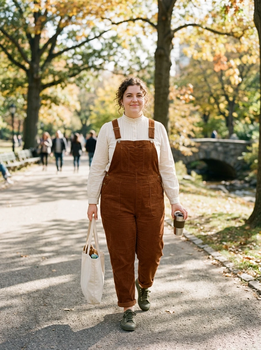 A plus size model wears a high neck blouse and corduroy overalls, showcasing a comfortable and youthful winter outfit for casual occasions.